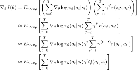 \begin{align*} \nabla_\theta J(\theta) &= E_{\tau \sim \pi_\theta}\left[ \left(\sum_{t=0}^T\nabla_\theta \log \pi_\theta(a_t|s_t)\right) \left(\sum_{t'=0}^T \gamma^{t'} r(s_{t'},a_{t'})\right) \right] \\ &\approx E_{\tau \sim \pi_\theta}\left[ \sum_{t=0}^T\nabla_\theta \log \pi_\theta(a_t|s_t)\sum_{t'=t}^T \gamma^{t'} r(s_{t'},a_{t'})\right]\\ &\approx E_{\tau \sim \pi_\theta}\left[ \sum_{t=0}^T\nabla_\theta \log \pi_\theta(a_t|s_t) \gamma^t \sum_{t'=t}^T \gamma^{(t'-t)} r(s_{t'},a_{t'})\right] \\ &\approx E_{\tau \sim \pi_\theta}\left[ \sum_{t=0}^T\nabla_\theta \log \pi_\theta(a_t|s_t) \gamma^t Q(a_t,s_t)\right] \end{align*}