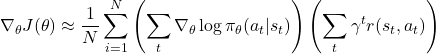 \[\nabla_\theta J(\theta) \approx \frac{1}{N} \sum_{i=1}^N \left( \sum_t \nabla_\theta \log \pi_\theta(a_t|s_t)\right) \left( \sum_t \gamma^t r(s_t,a_t)\right)\]