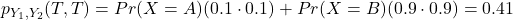 p_{Y_1,Y_2}(T,T)=Pr(X=A)(0.1\cdot 0.1)+Pr(X=B)(0.9\cdot 0.9)=0.41